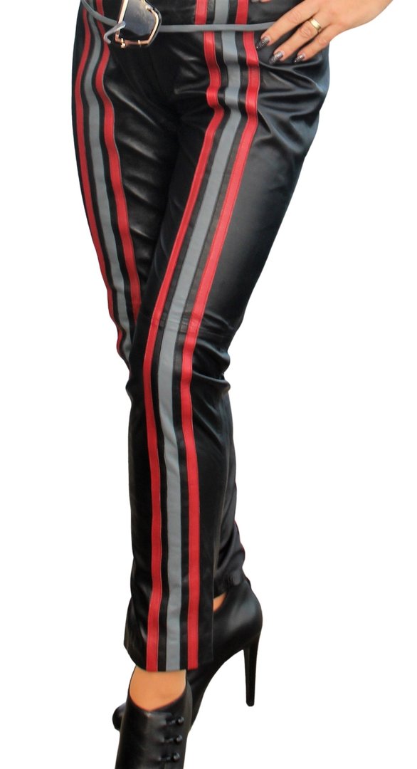 Pantalones de cuero genuino en negro con rayas