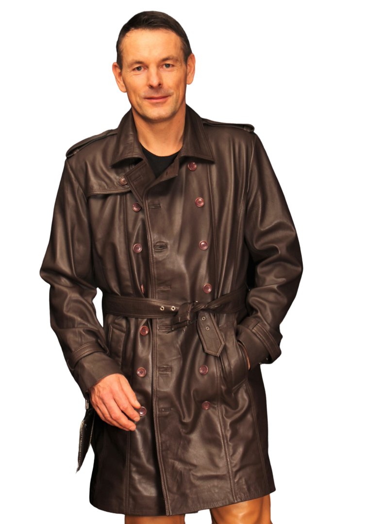Trench coat comme manteau de cuir véritable brun foncé pour hommes