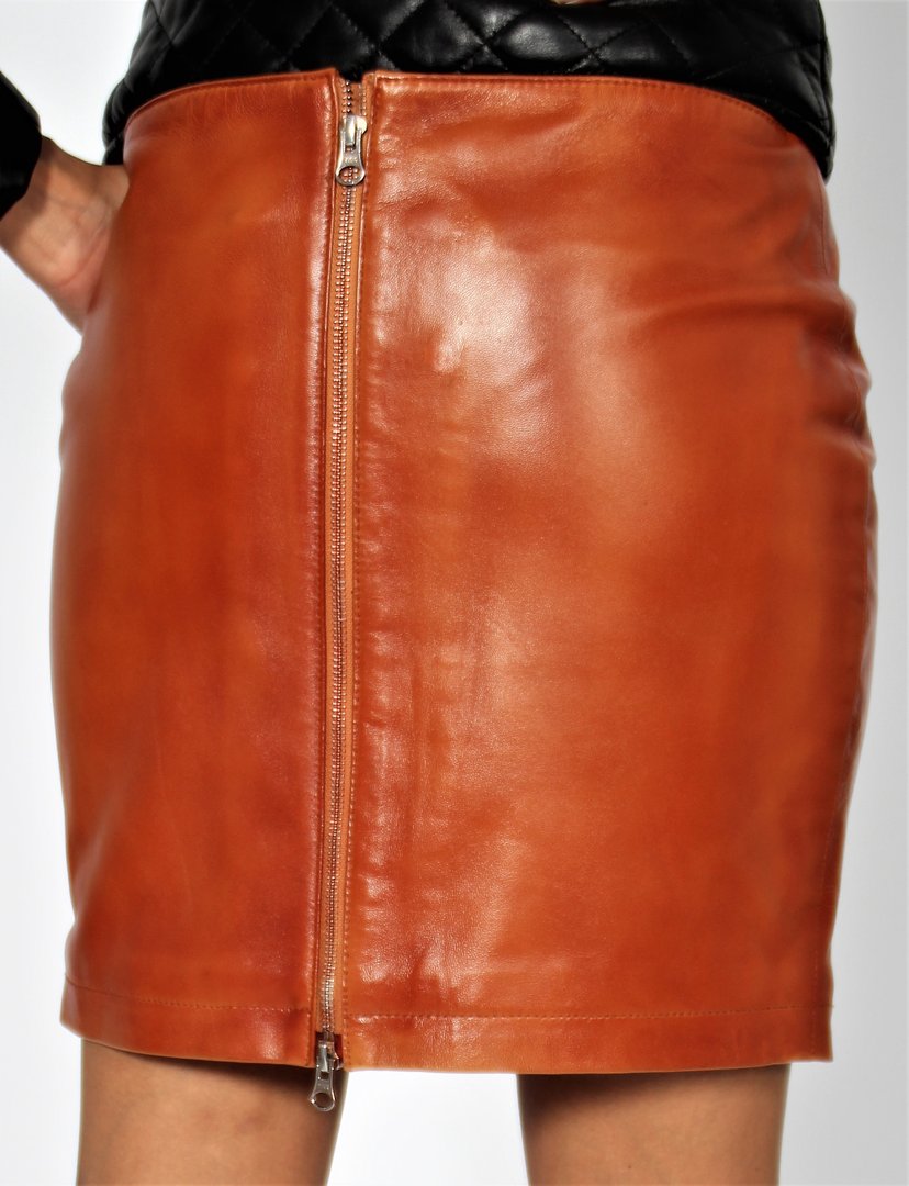 Falda de cuero genuino como mini falda en coñac look usado