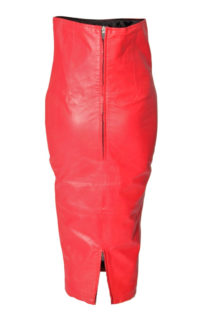 Falda de cuero como falda de cojera roja  - hobble- con cintura ALTA en genuino CUERO negro