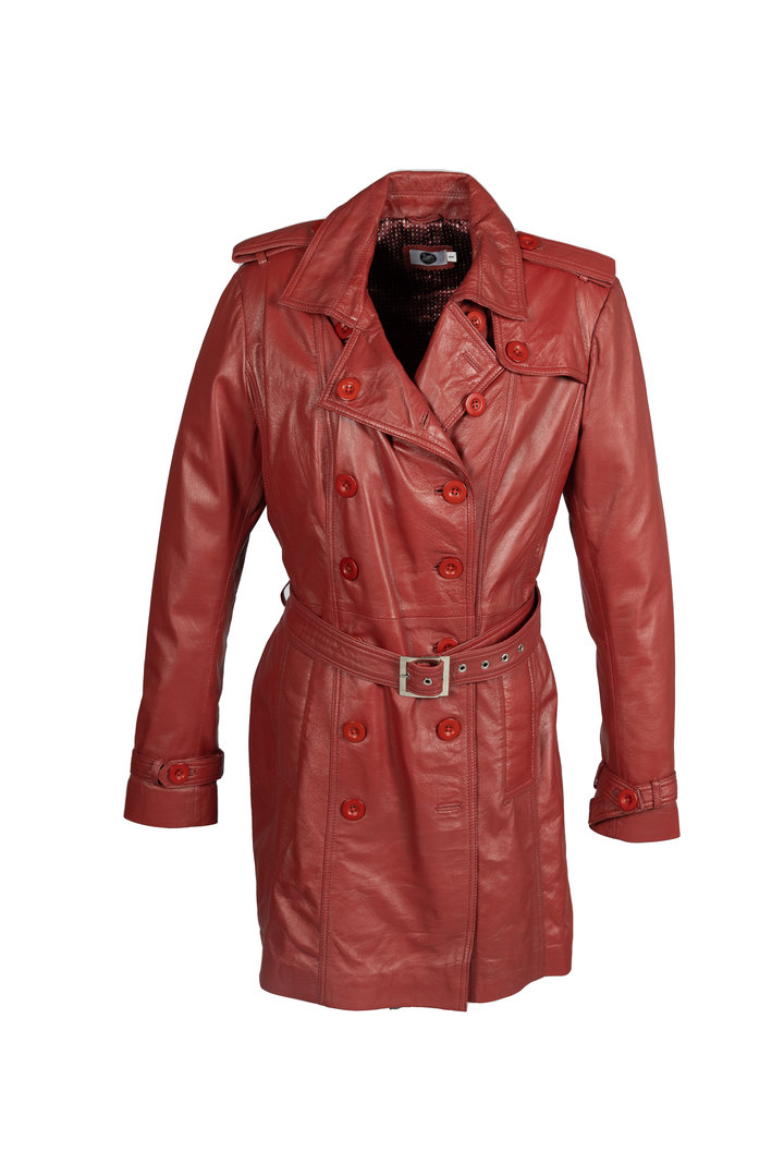 Trench-coat comme manteau de cuir véritable en rouge foncé