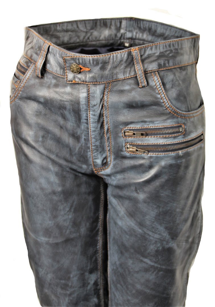 Pantalon en cuir jeans en cuir designer VRAI cuir bleu foncé Vintage USED LOOK