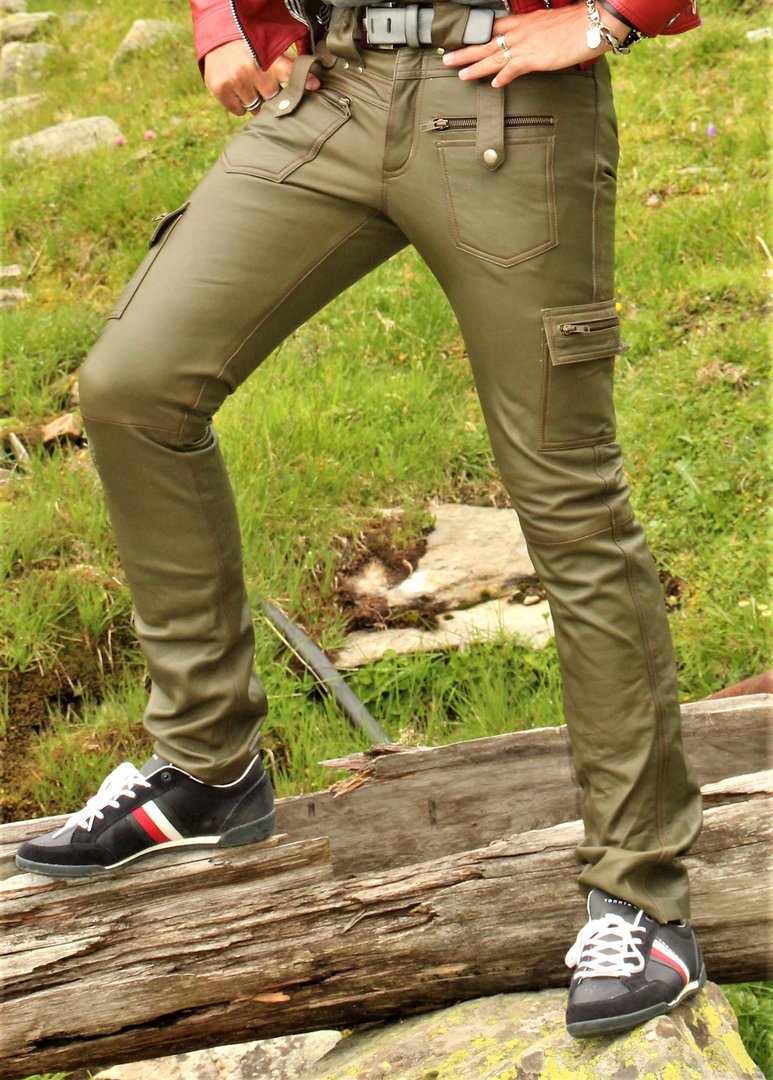 LEATHER Cargo Style trouser - Genuine Leather USED LOOK in olive