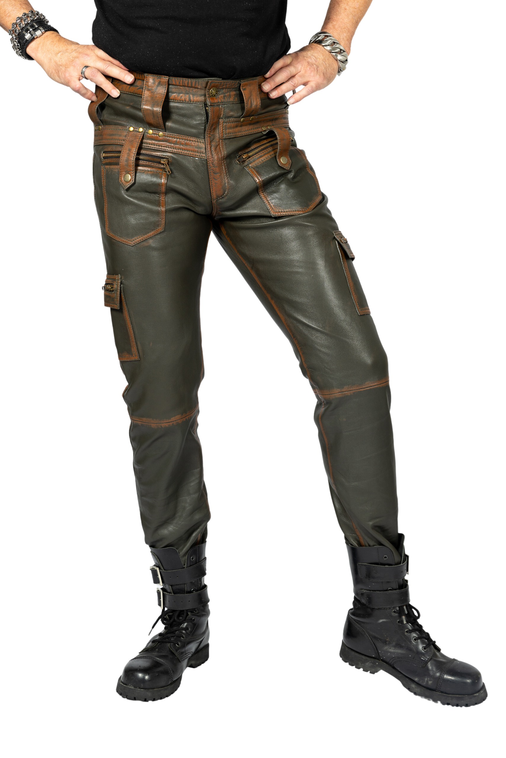 LEATHER Cargo Style trouser - Genuine Leather USED LOOK in olive