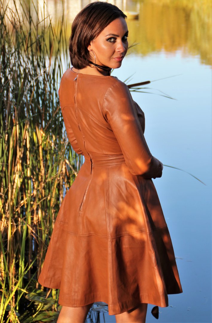 A-Style Dress in GENUINE LEATHER in Cognac USED LOOK