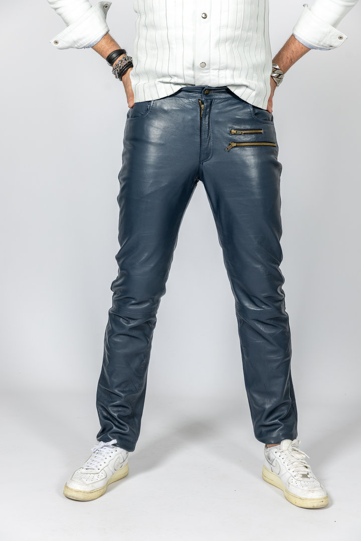 Leren broek - Designer jeans als leren broek in ECHT lederen blauw