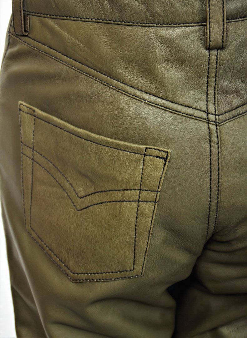 Designer Trouser as Jeans in GENUINE Leather in olive