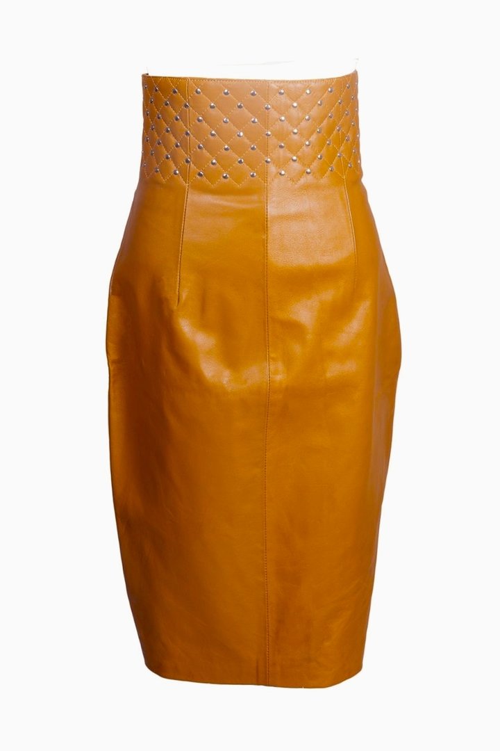 GENUINE Leather High Waisted Skirt in Cognac