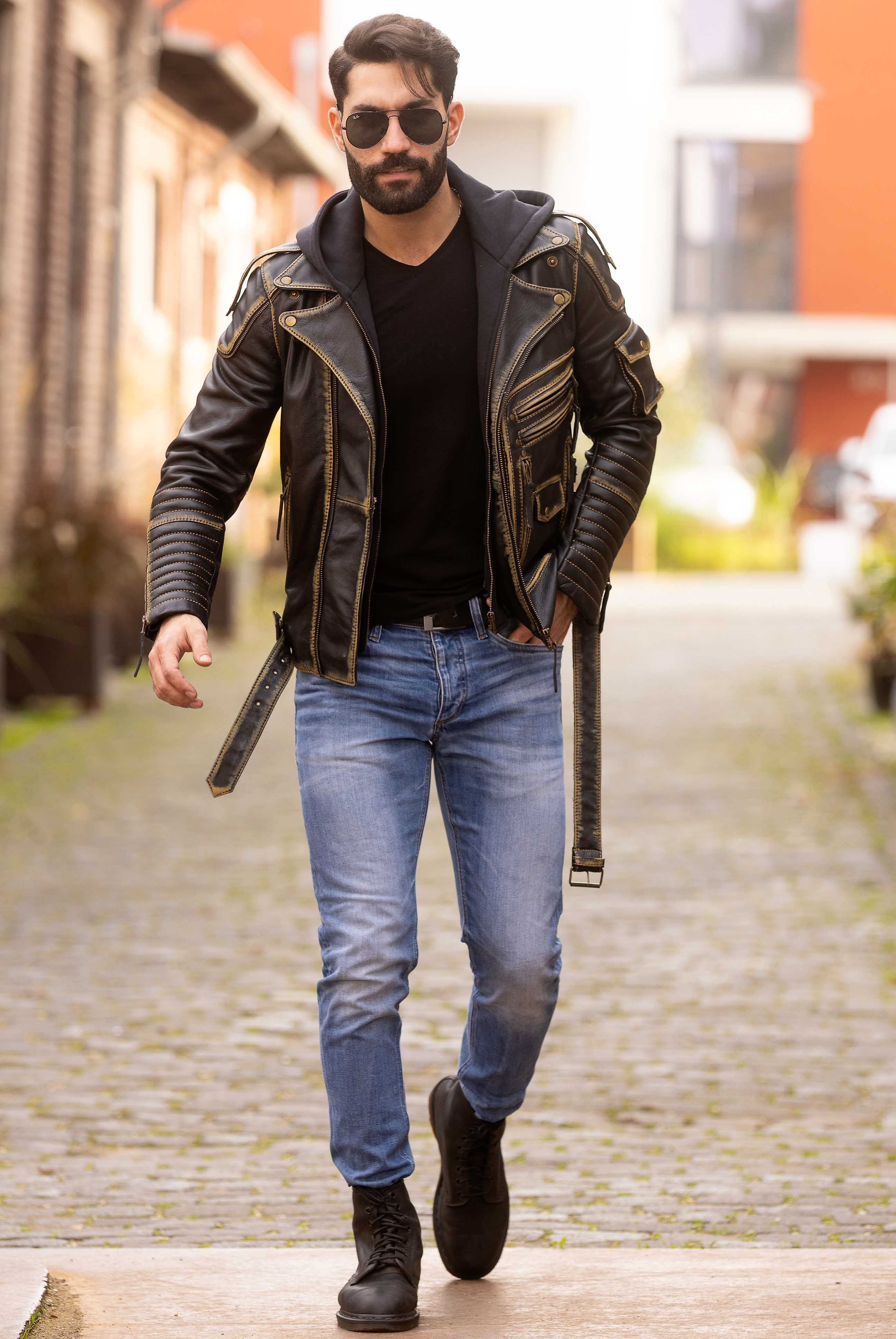 Biker Leather Jacket in GENUINE LEATHER with HOODIE