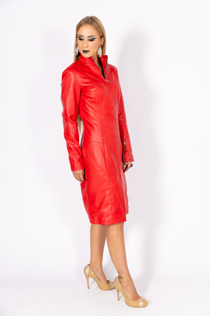 Manteau en cuir - robe en CUIR VRAI avec fermeture éclair en rouge