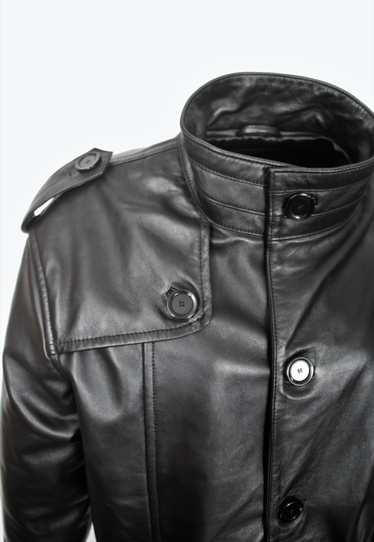 Manteau court en cuir véritable super souple en noir