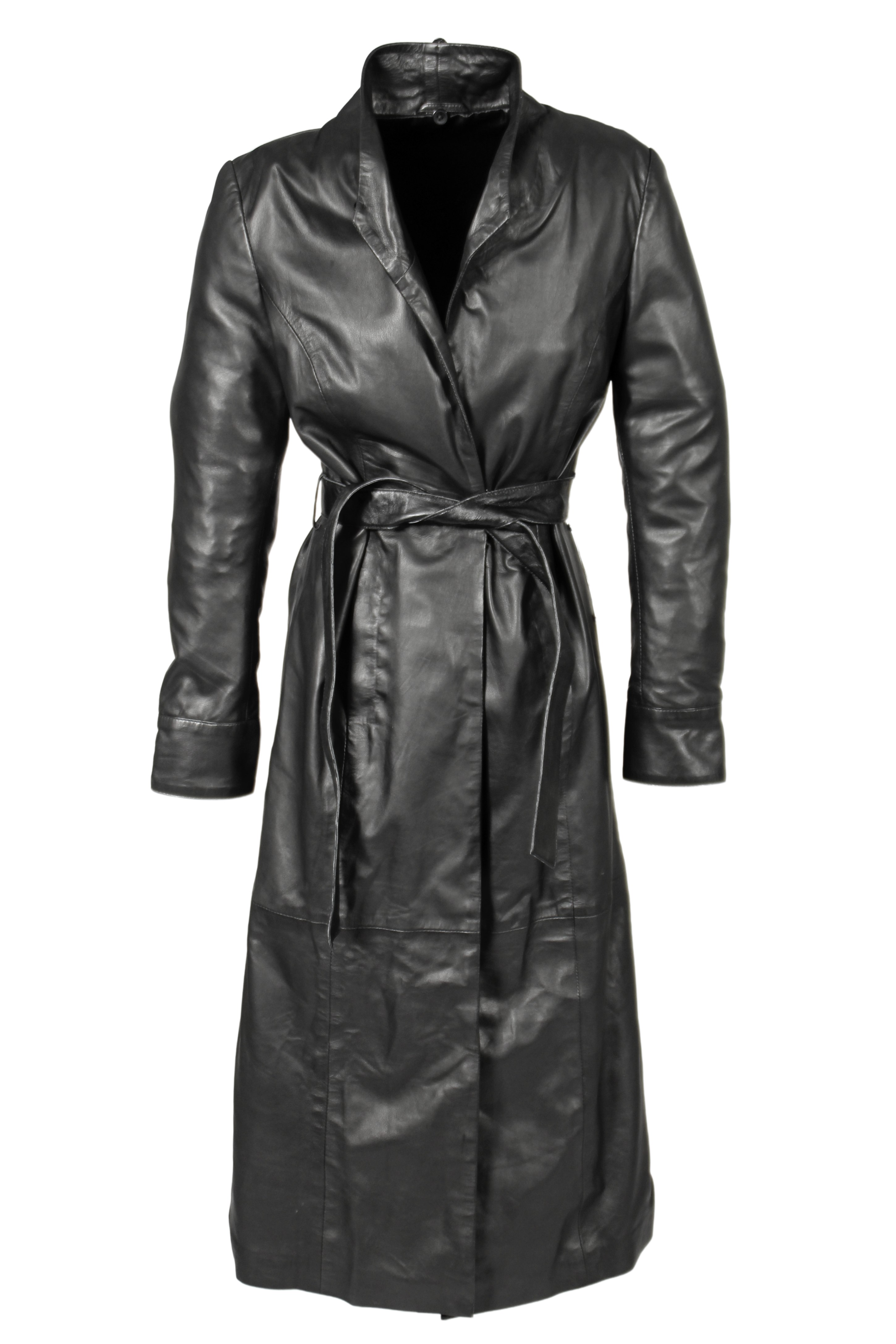 Manteau en cuir véritable noir avec ceinture