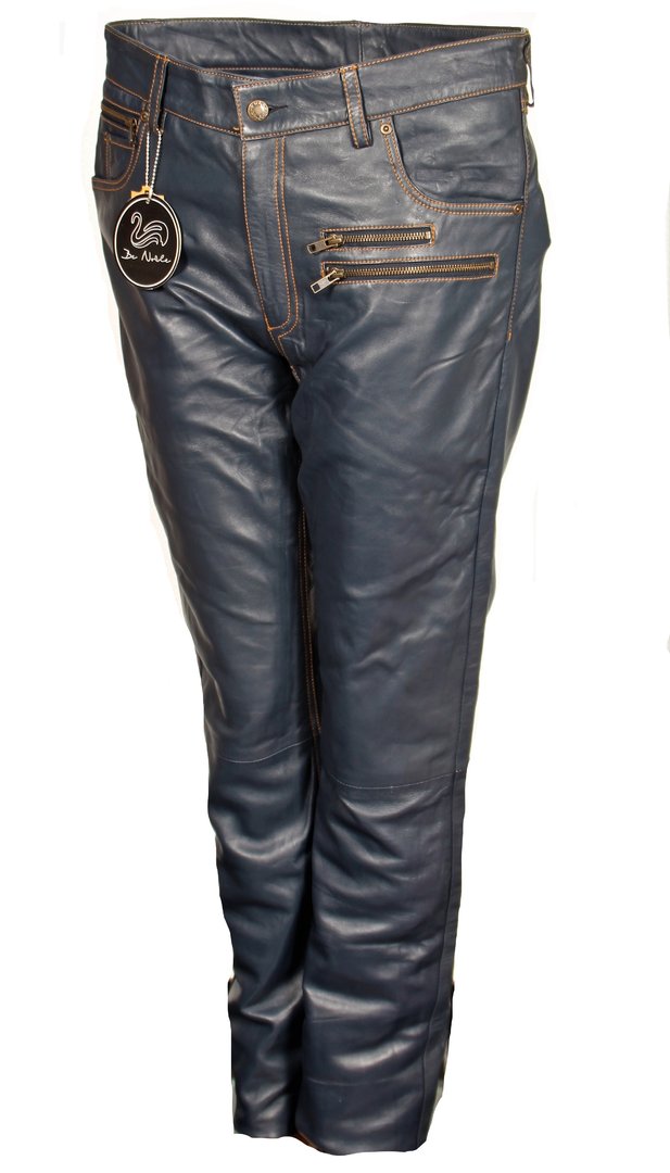 Pantalones de cuero como jeans de cuero de diseño en cuero genuino azul oscuro
