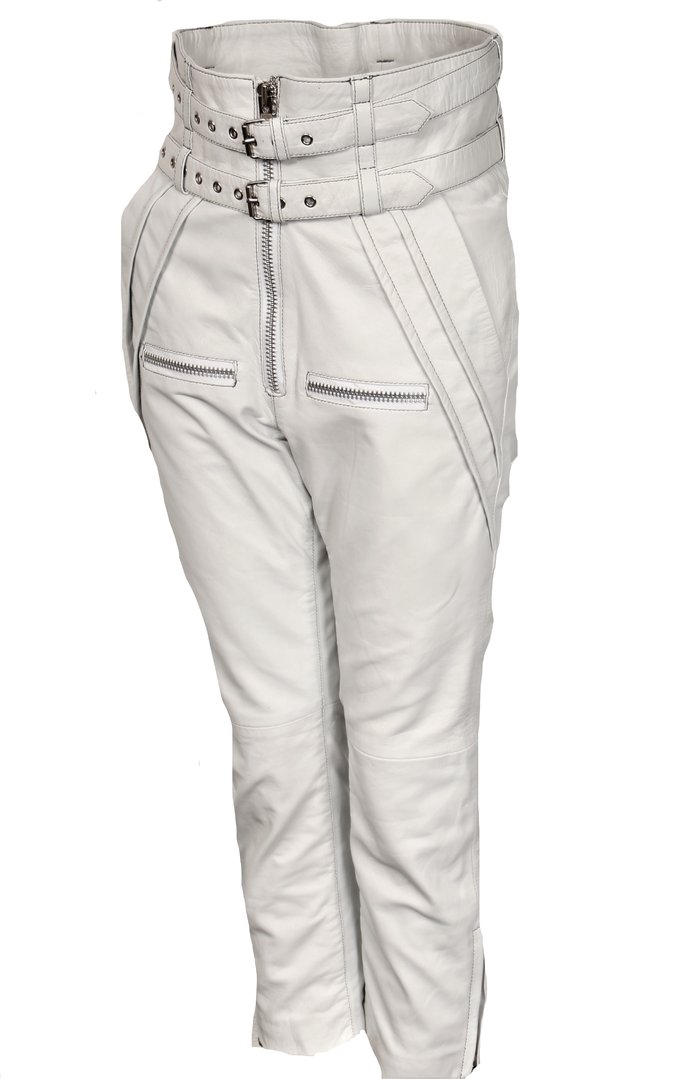 Pantalones de cuero de diseño en cuero genuino blanco con cintura alta