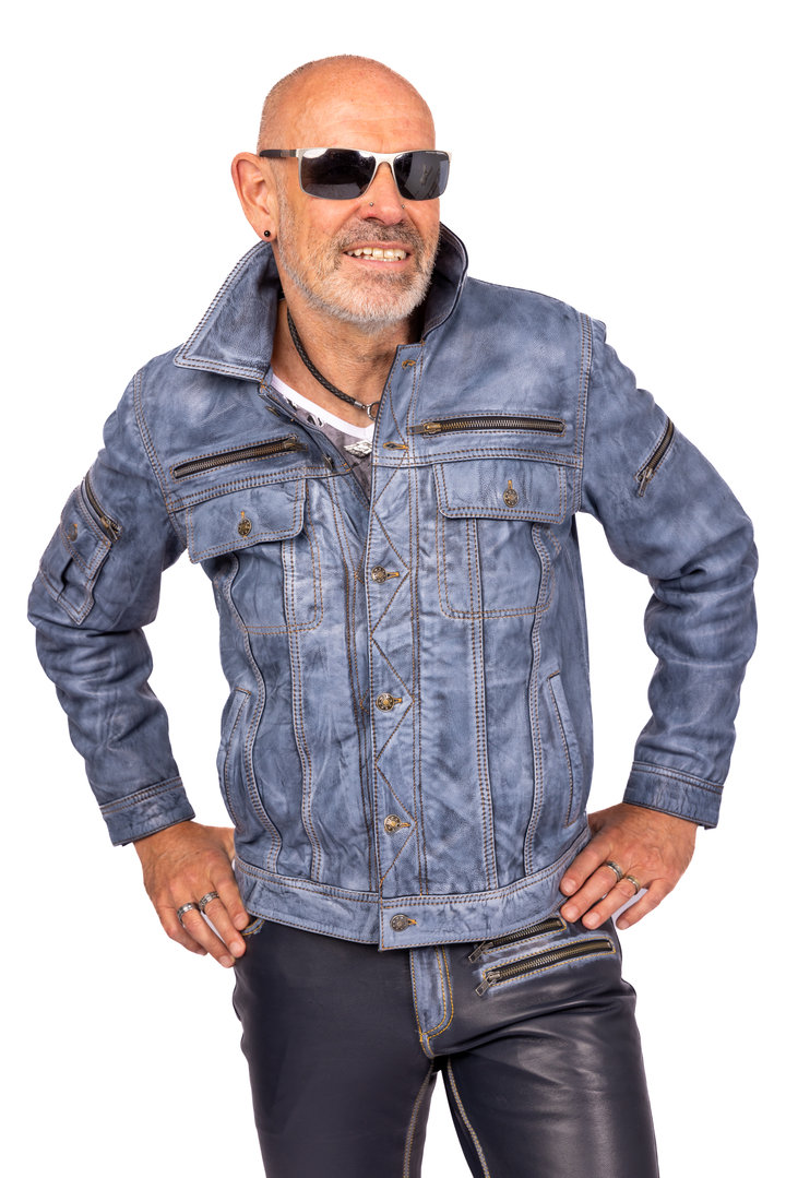 Leren jack in jeans-stijl gemaakt van ECHT leer in USED LOOK blauw