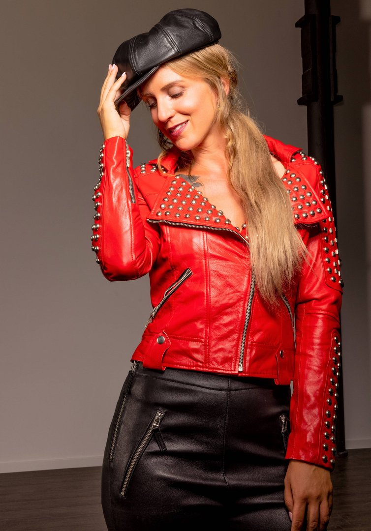 Leather Jacket - SHORT CUT Biker Style with rivets in red