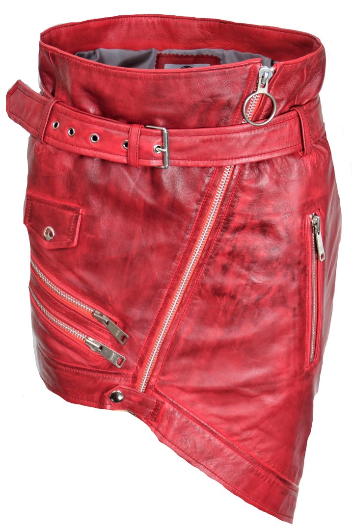 Lederrock ECHT-Leder - asymmetrisch in rot mit Reißverschlüssen