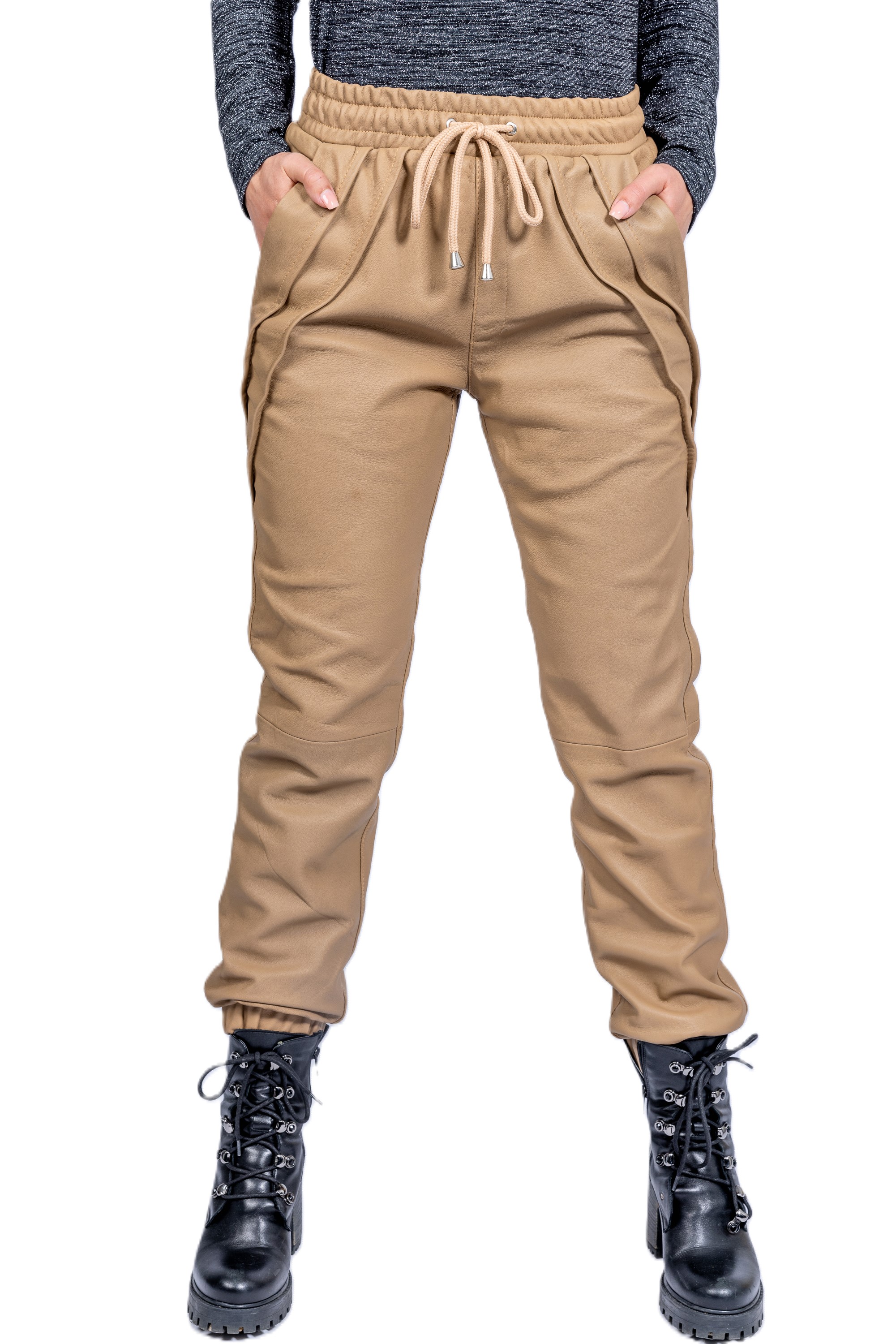 Jogging Pants in Noble Style GENUINE LEATHER sand