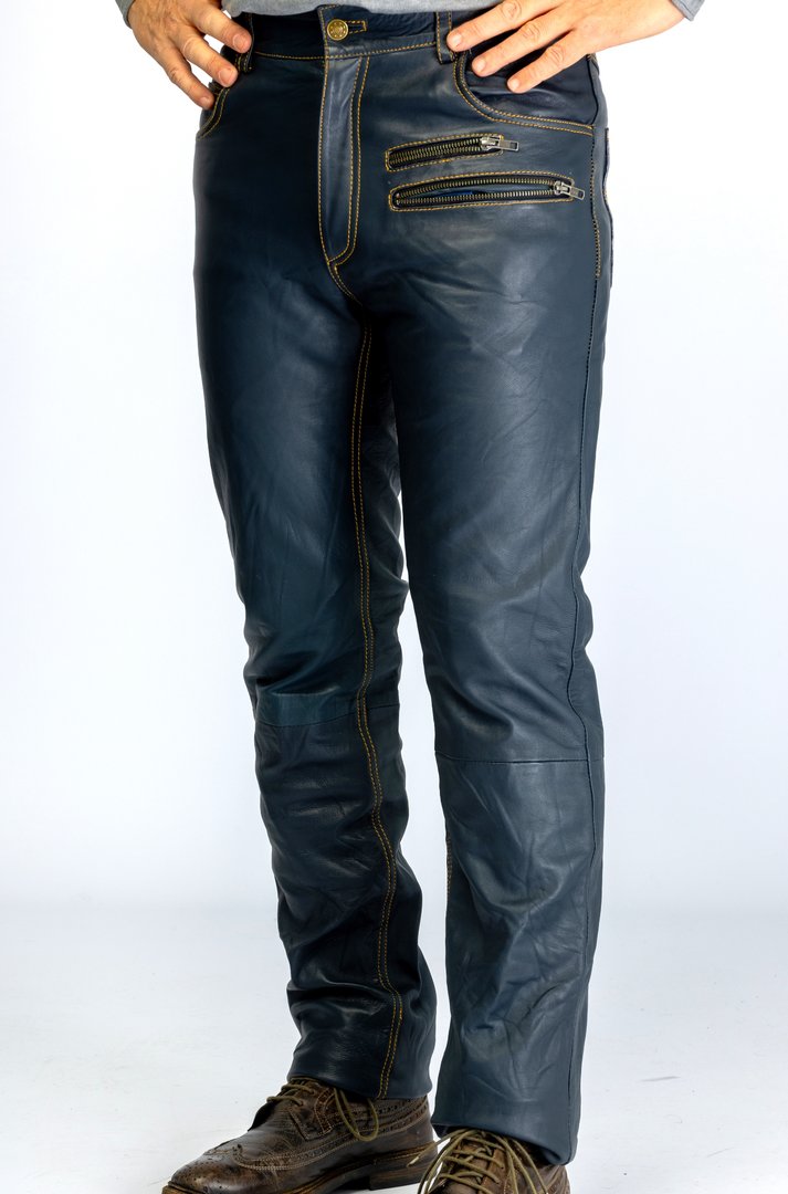 Leren broek als designer jeans in ECHT leder donkerblauw