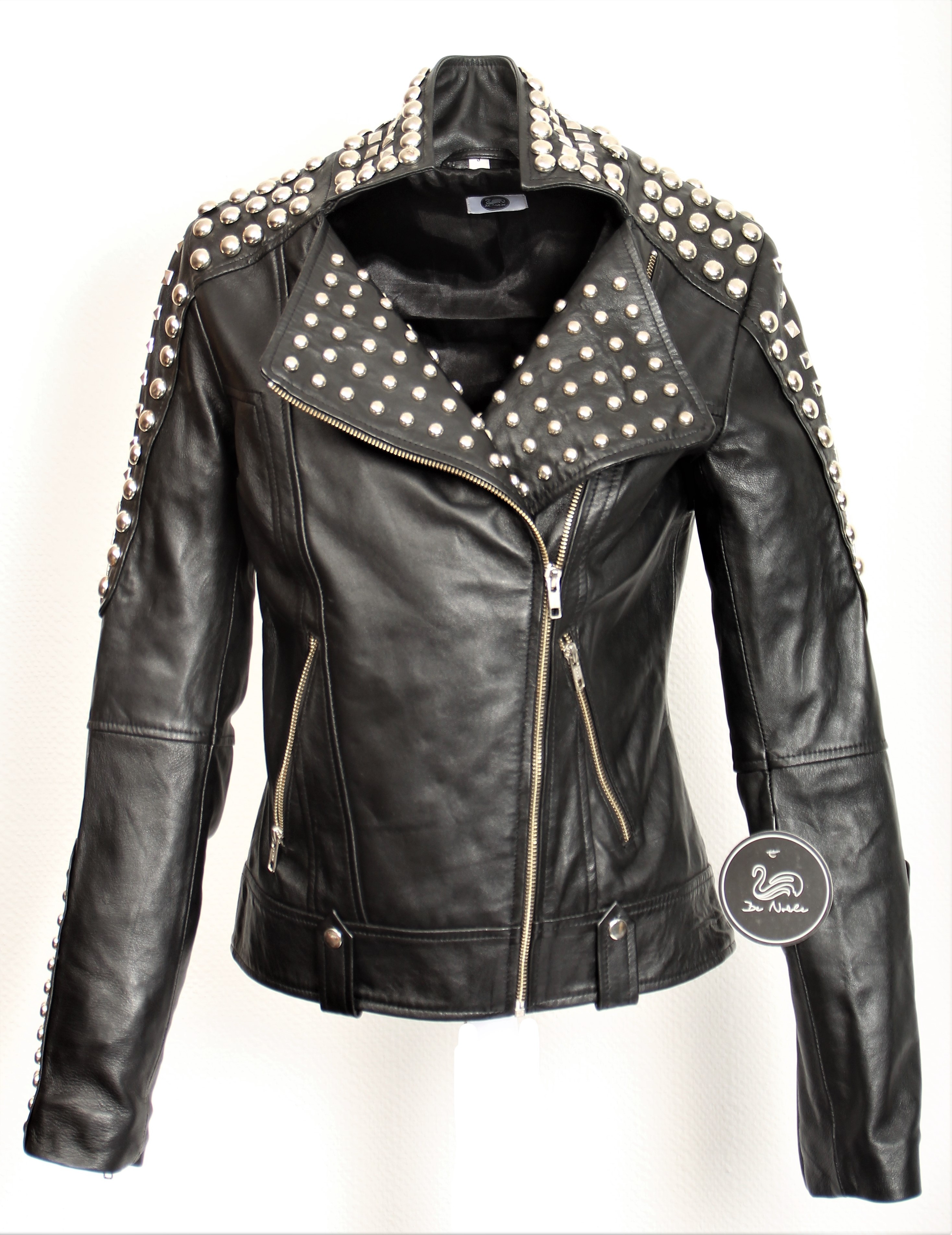 Leather Jacket - Biker Leather Jacket with Rivets in Black