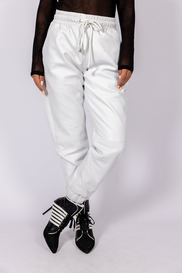 Pantaloni in pelle pantaloni pista realizzati in vera pelle bianco