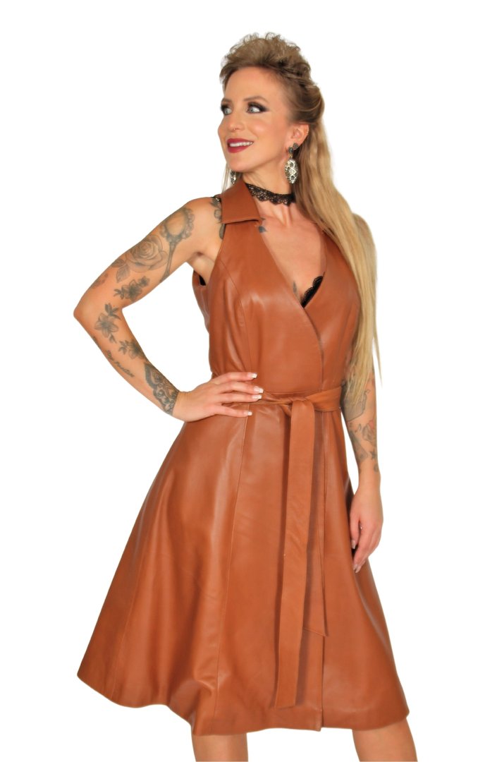 Leather Dress as Wrap Dress in GENUINE LEATHER in Cognac