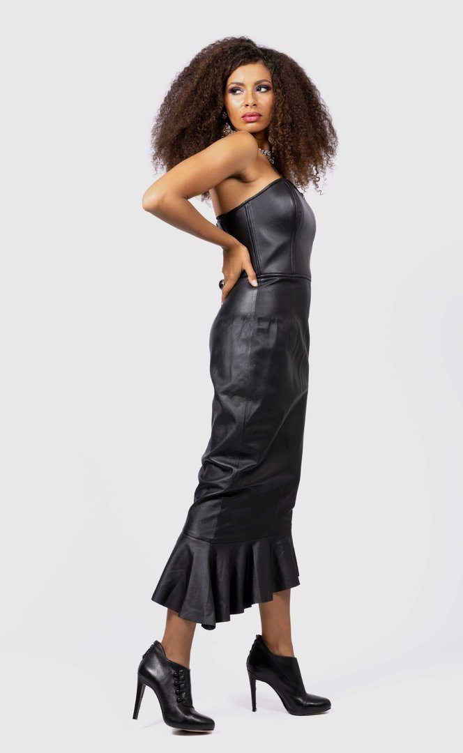 Leather dress Corsage dress in GENUINE LEATHER in the flounce style POMPÖÖS