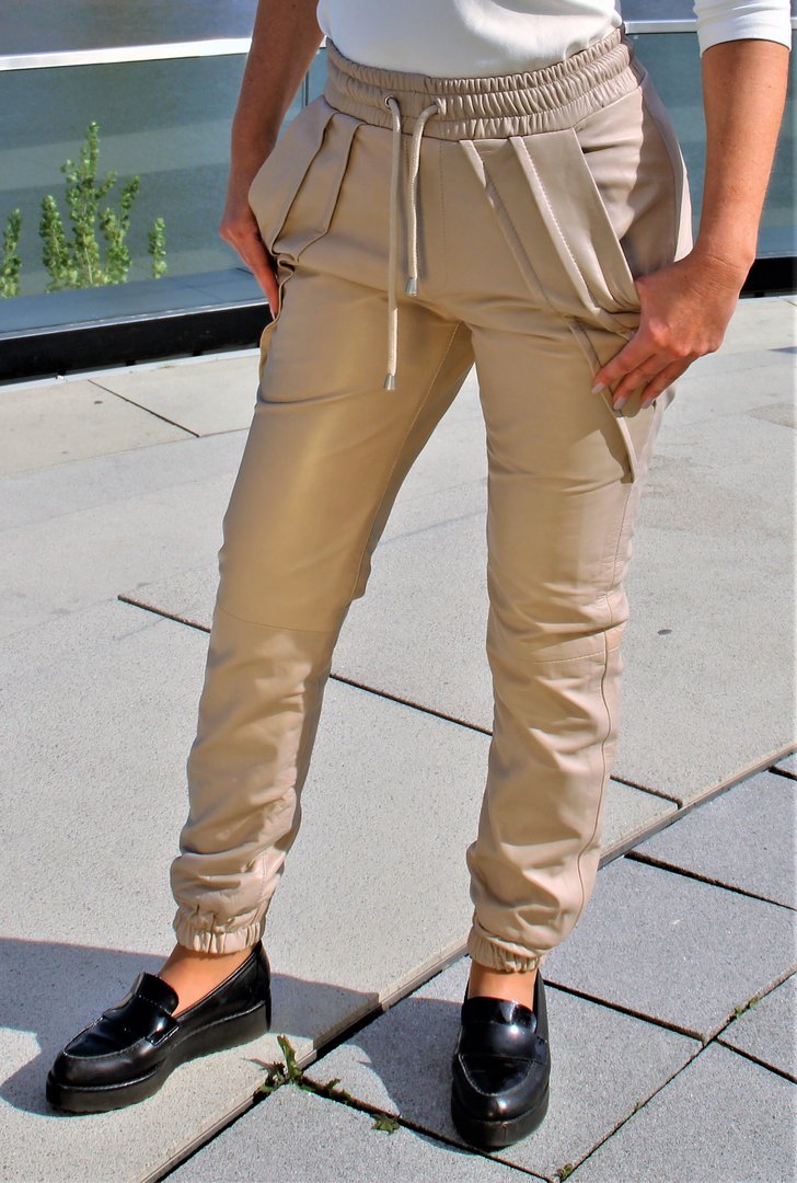 Lederhose - Edel Style Jogginghose in ECHT-LEDER in beige