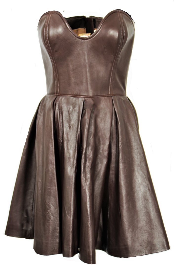 Leather dress in GENUINE LEATHER brown as a SHORT A-line corsage dress POMPÖÖS