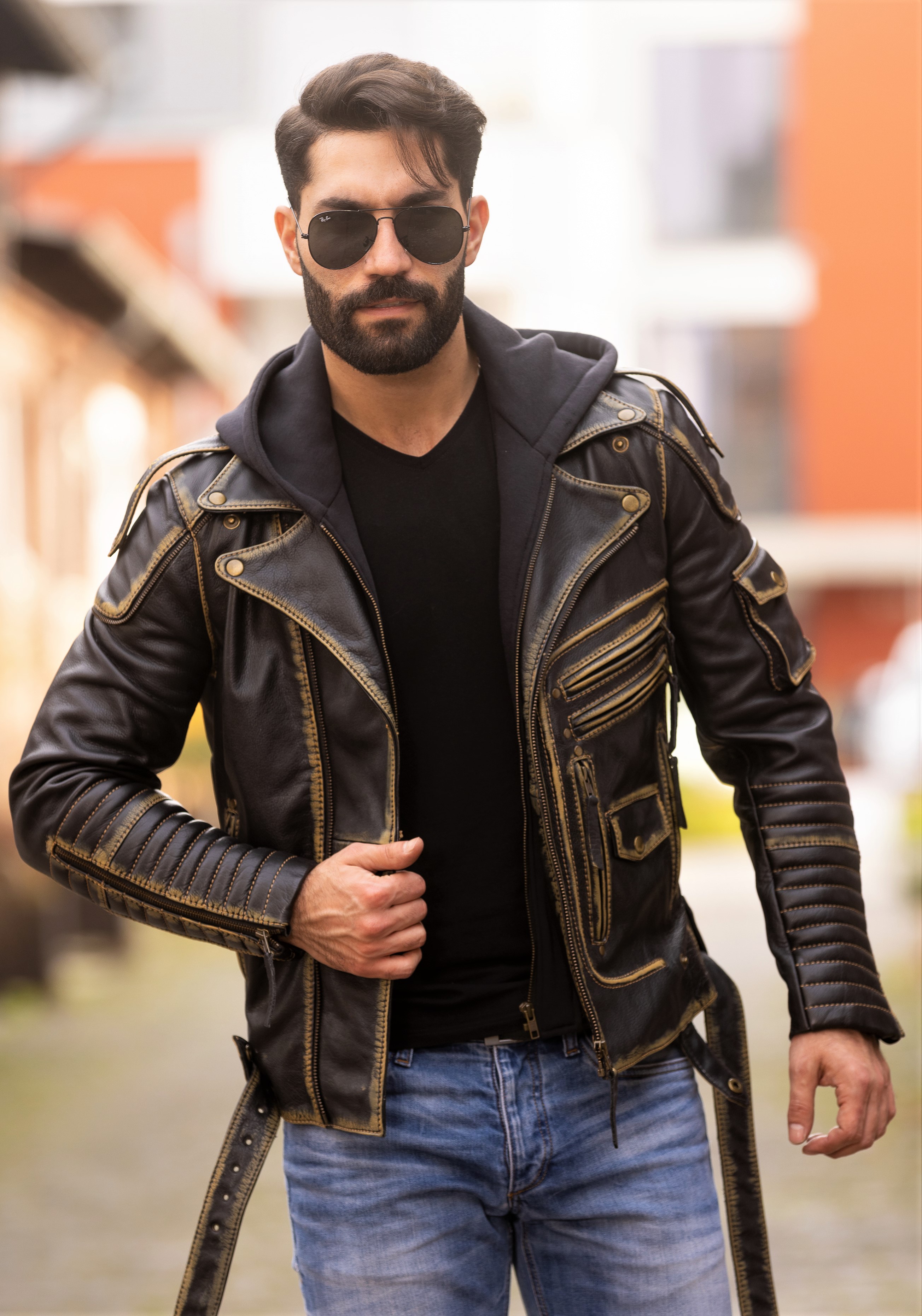 Biker-Jacke Lederjacke aus ECHT-Leder mit Hoodie schwarz