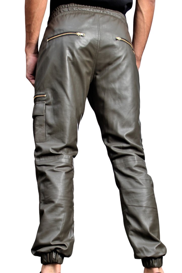 Pantalones de cuero pantalones de cuero genuino bolsillos de cargo de los hombres de oliva