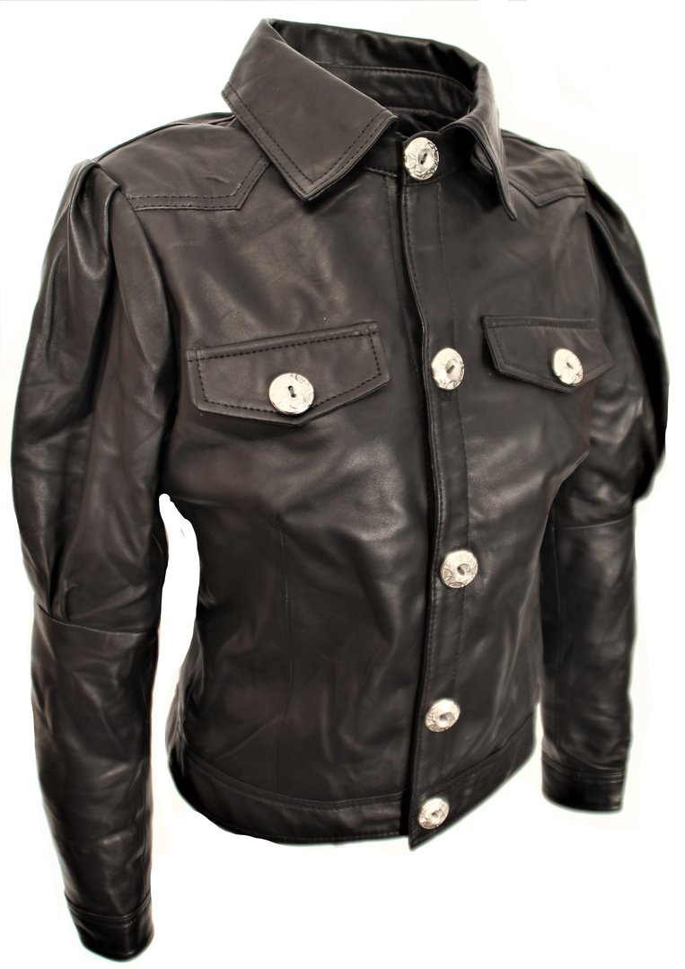 Leather blouse in REAL leather in puffed sleeves elegant in black