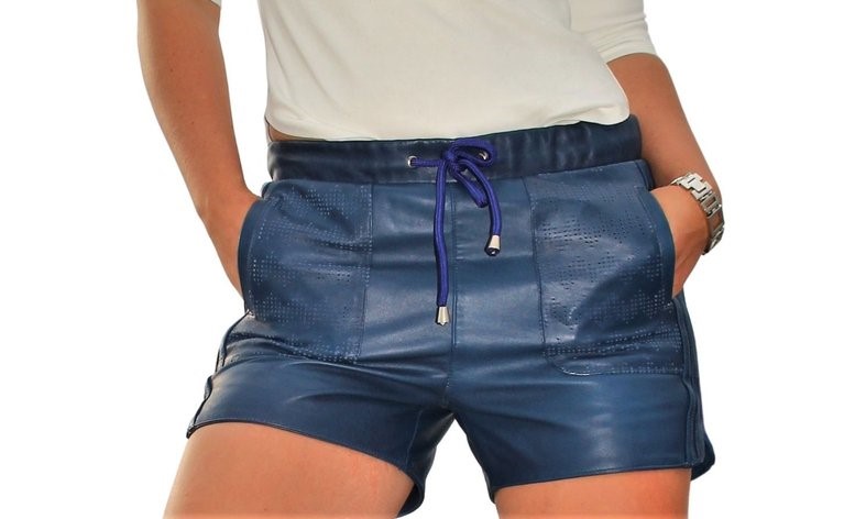 Pantalones cortos de cuero deportivos de cuero genuino azul