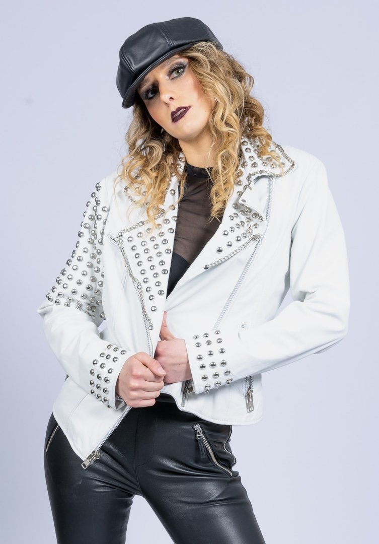 GENUINE Leather Jacket with Rivets + Chains in White