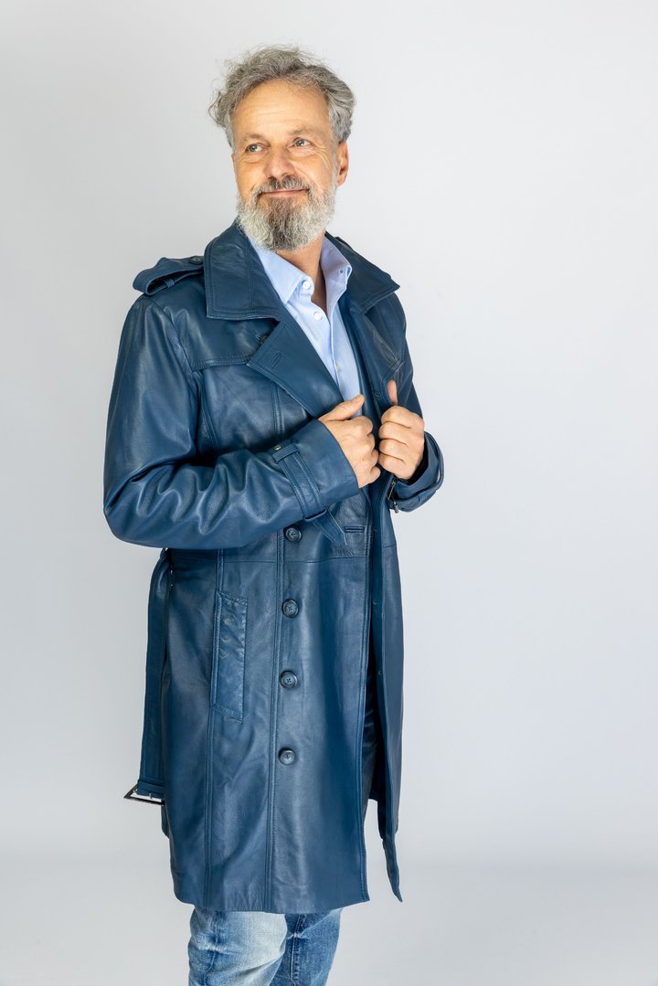 Trench Coat as genuine leather coat blue for men