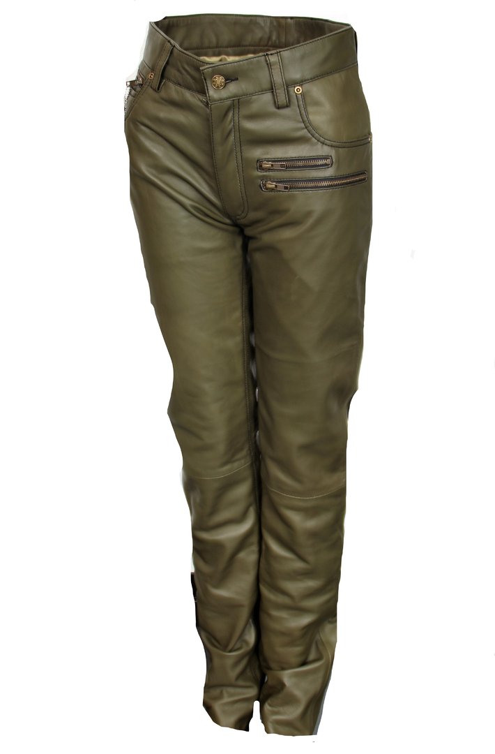 Pantalones de cuero jeans de diseño en cuero genuino en oliva