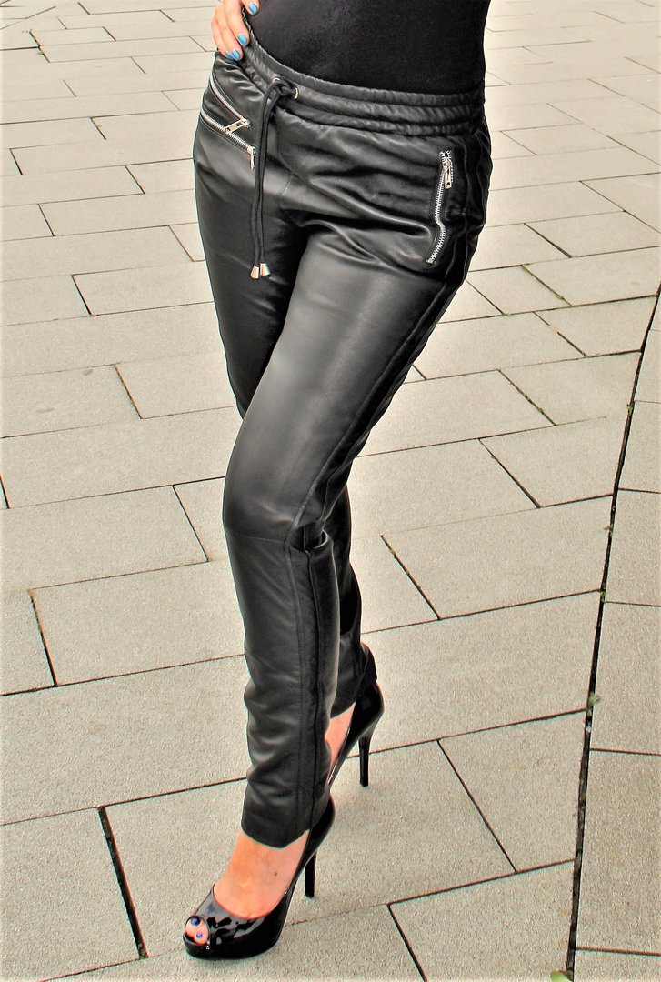 Leather pants as tight home pants GENUINE leather with side stripes