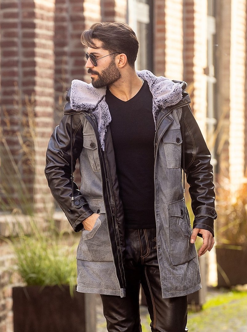 Leather parka made of GENUINE leather in grey