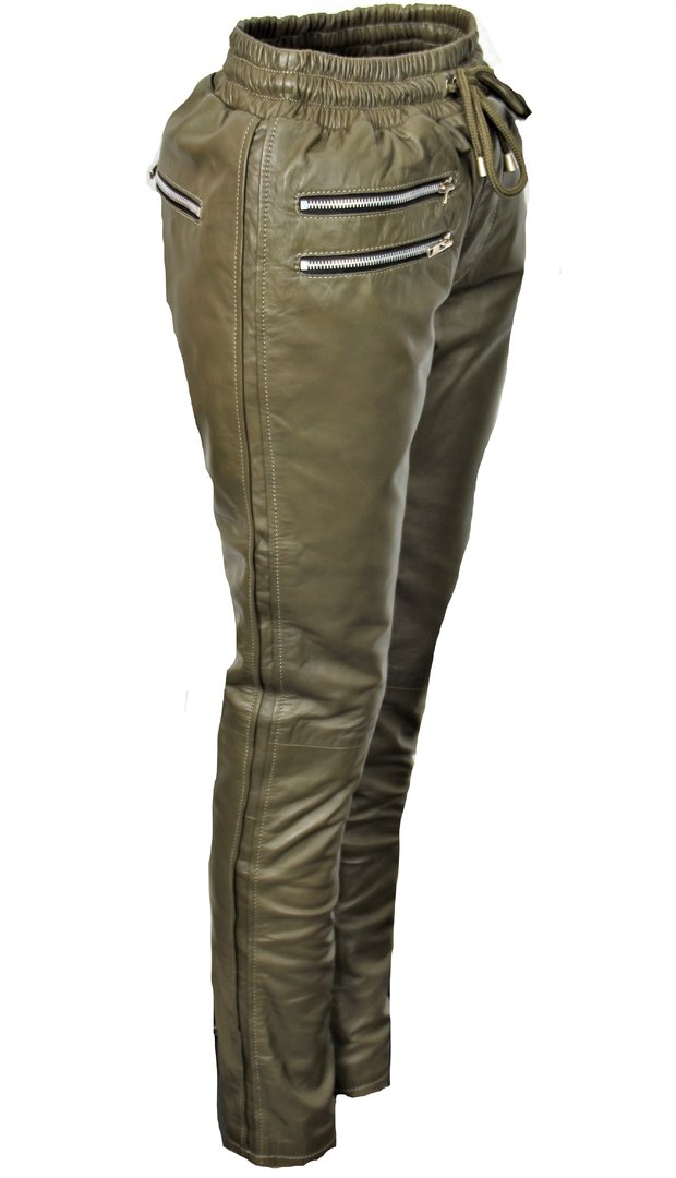 GENUINE Leather Jogging Trousers With Side Stripes Men olive