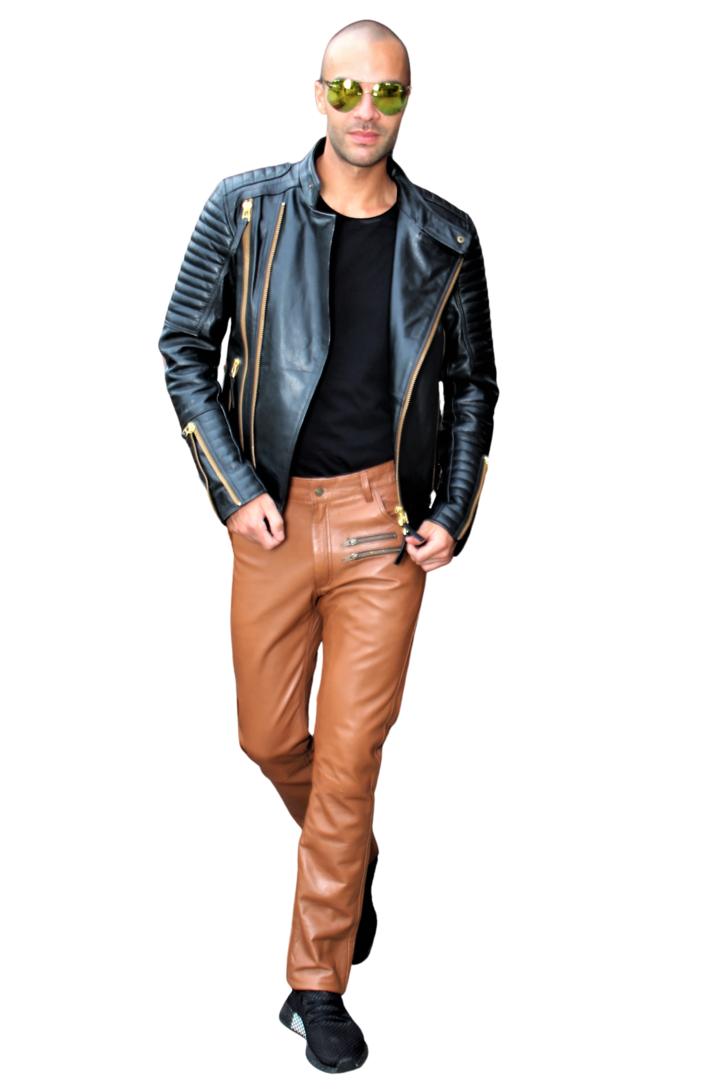 Designer Trouser as Jeans in GENUINE Leather in cognac