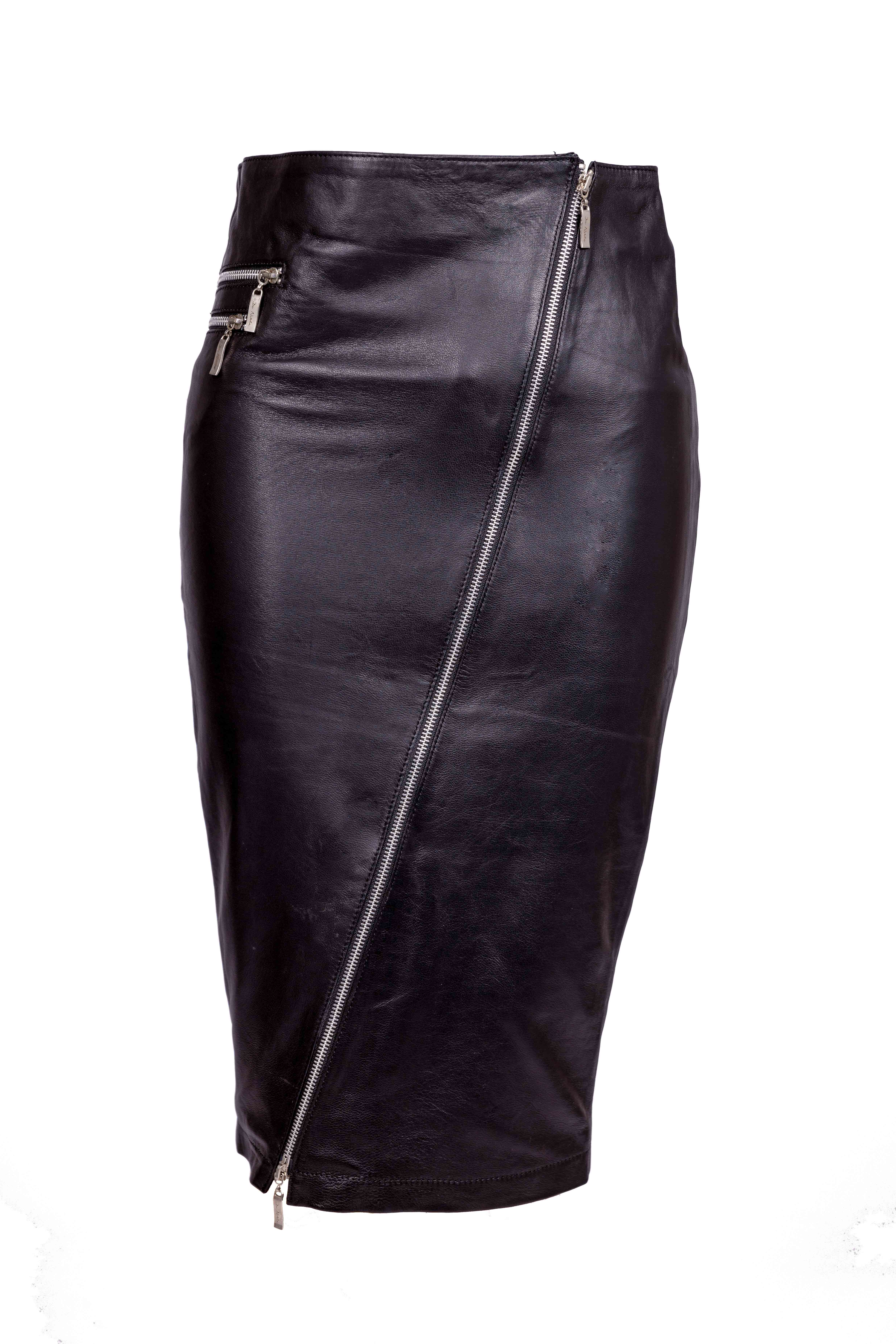 Falda de cuero, falda lápiz de cuero genuino en elegante color negro