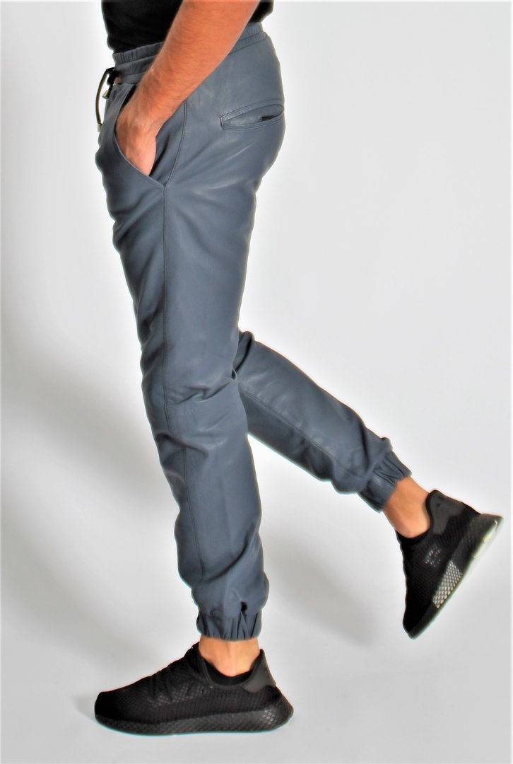 Jogging Trousers in GENUINE LEATHER in blue for Ladies
