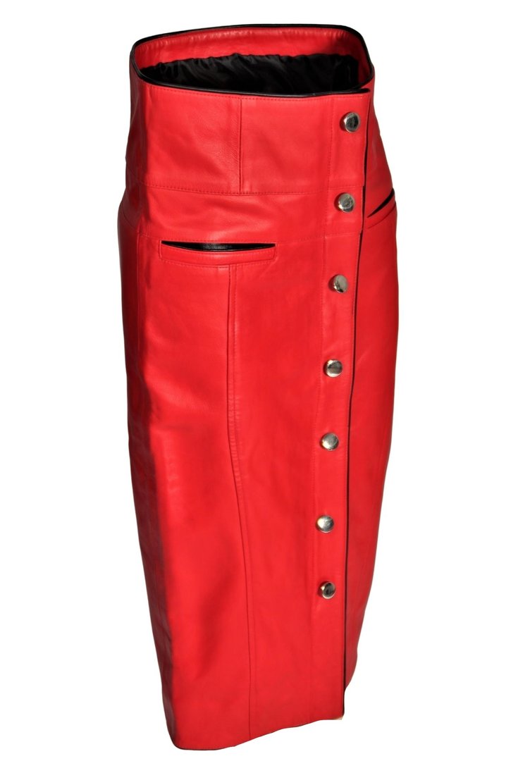 Falda de cuero de largo midi con TAILLE ALTA de CUERO genuino en rojo