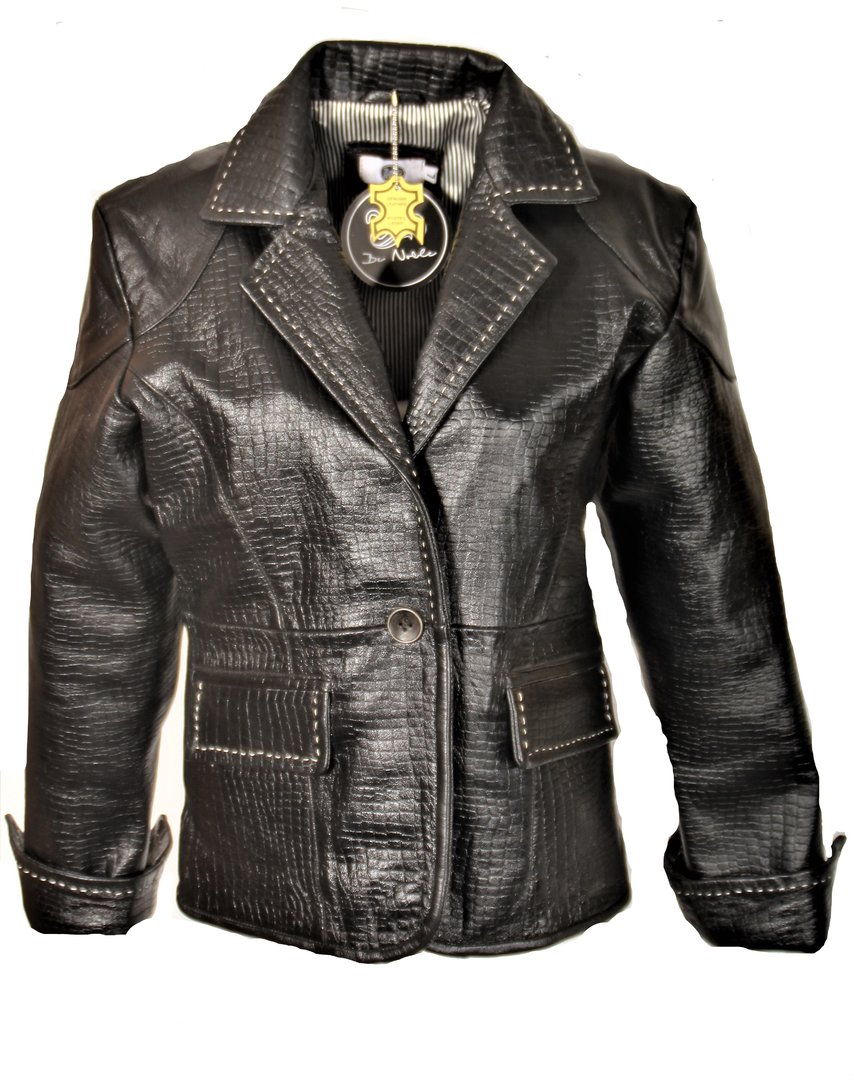 Leather Blazer Genuine Leahter with Crocodile Embossing Style in Black