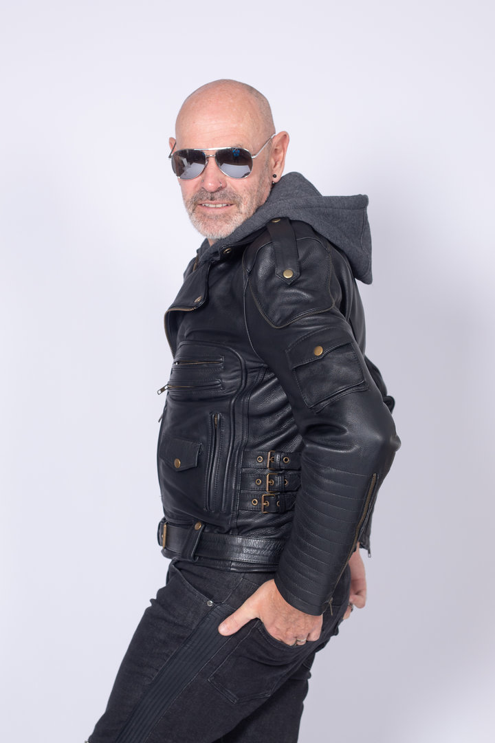 Biker Leather Jacket in GENUINE LEATHER with HOODIE