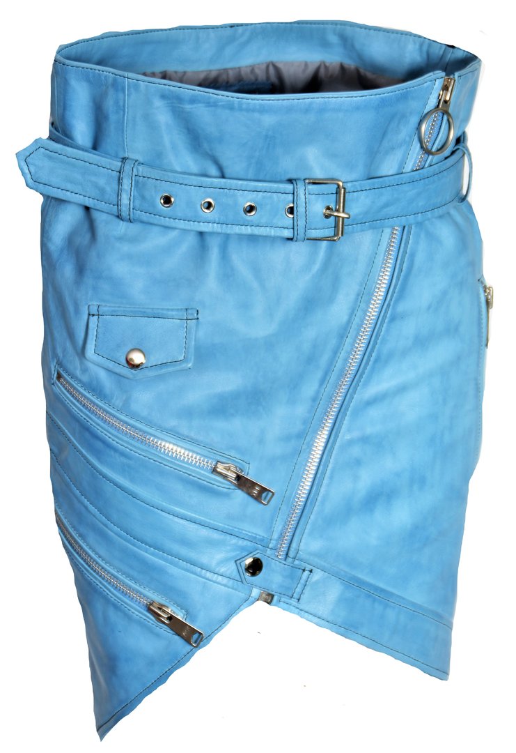 Leather Skirt GENUINE Leather - asymmetric style in blue
