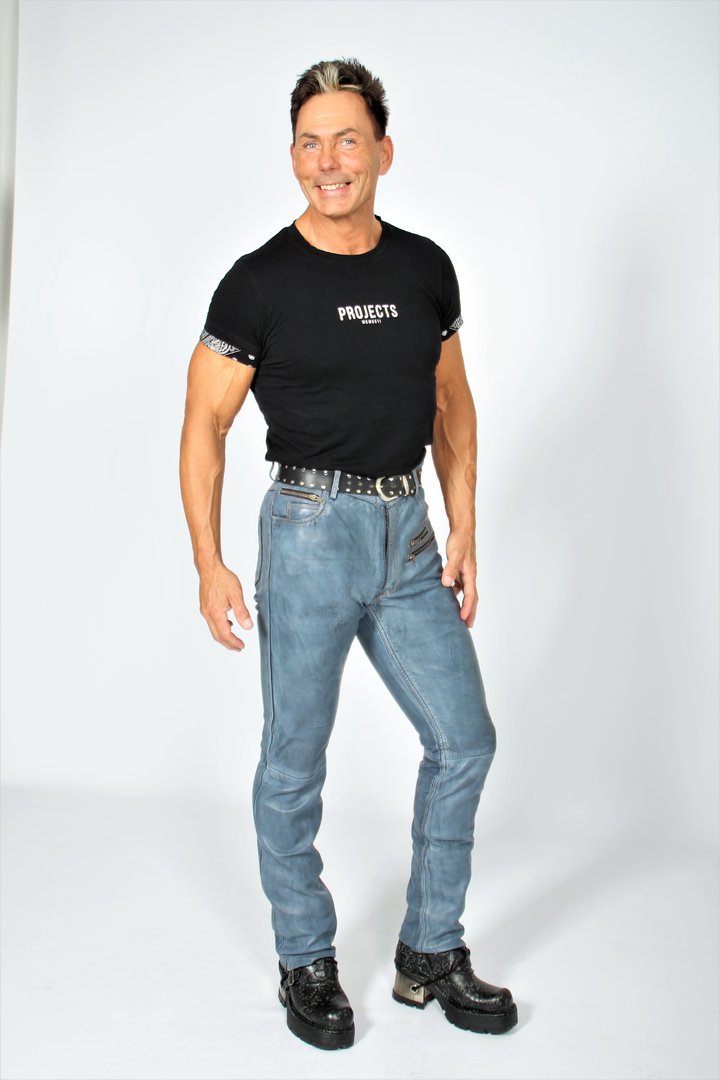 Lederhose Designer Leder-Jeans ECHT-Leder blau Vintage USED LOOK