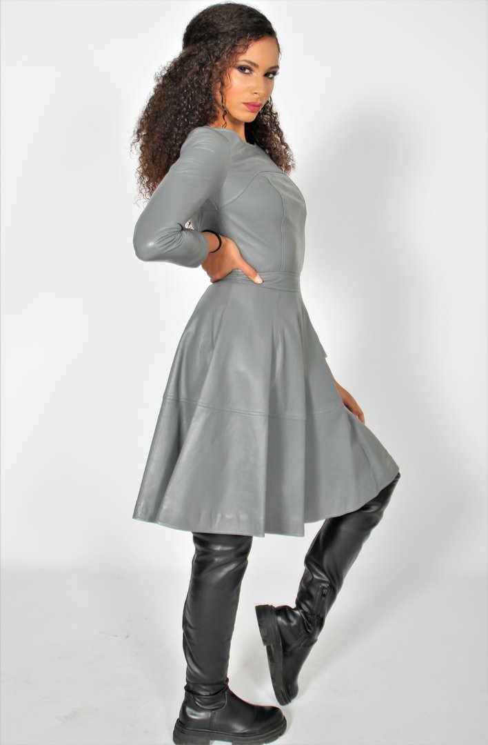 Leren jurk ECHT leer met plaatrok grijs -Boston