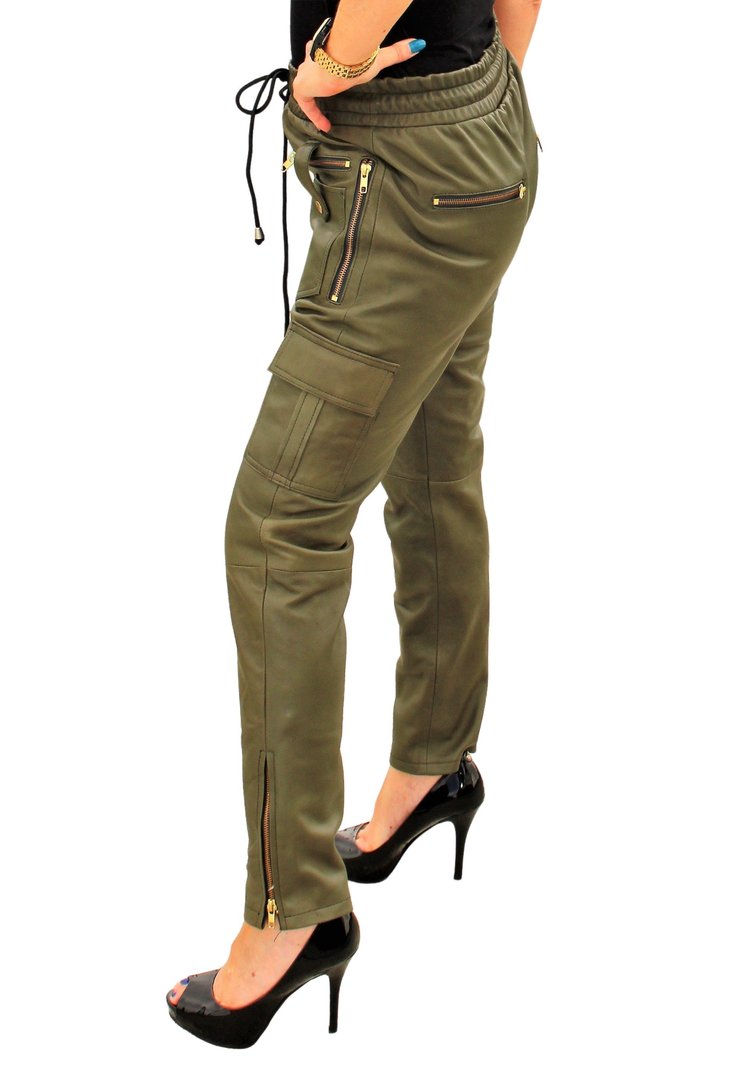Pantalones de cuero de diseño jogging en cuero genuino en oliva