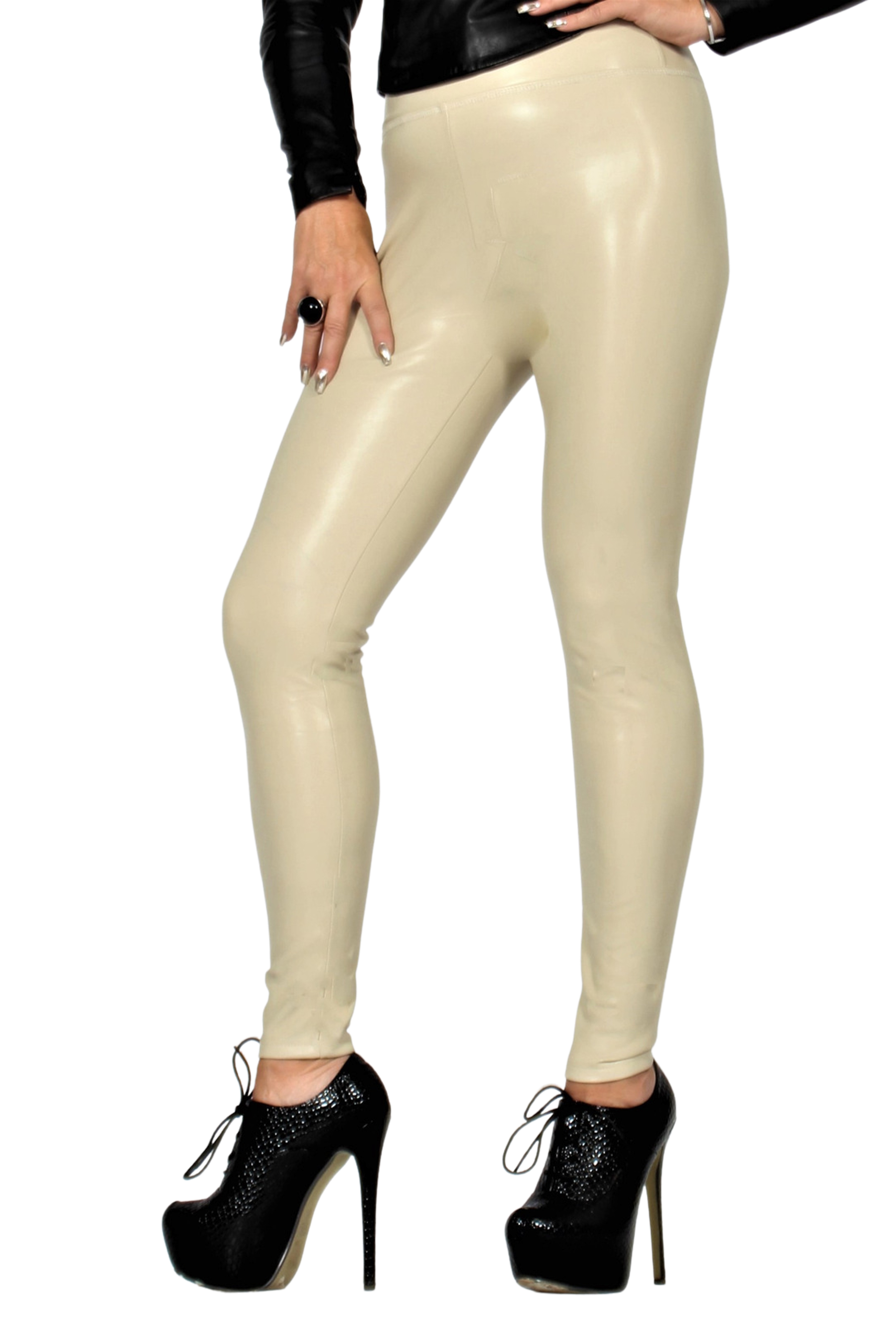Pantaloni in pelle elasticizzata come leggings  a vita alta pelle beige